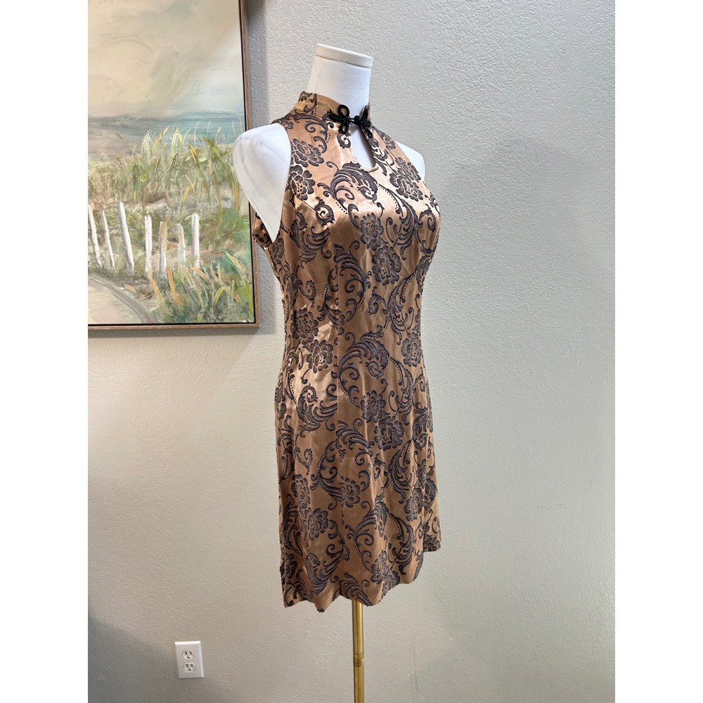 Roberta Vintage Gold Black Floral Damask Mandarin Collar Mini Dress 5/6 USA - Picture 2 of 8